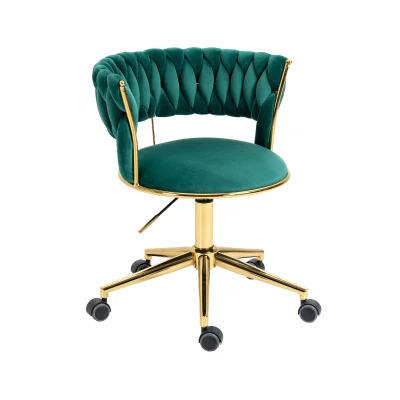 Velvet Swivel Office Desk Chair with Hand-Woven Backrest, Emerald