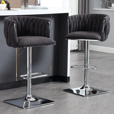 Set of 2 Adjustable Upholstered Swivel Kitchen Stools with Silver Base, Black