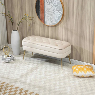 Velvet Upholstered Storage Ottoman Bench with Metal Legs, Beige