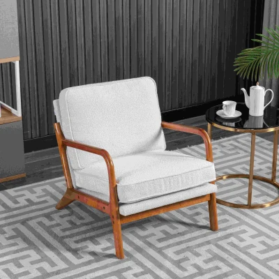 Mid-Century Modern Accent Chair with Solid Wood Frame and Soft Cushion, Beige