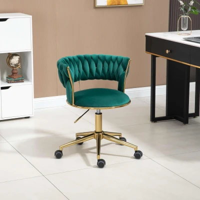Velvet Swivel Office Desk Chair with Hand-Woven Backrest, Emerald