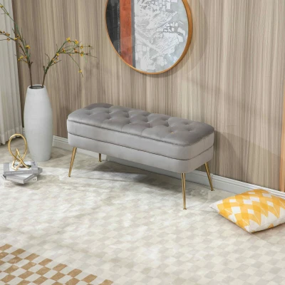 Velvet Upholstered Storage Ottoman Bench with Metal Legs, Grey