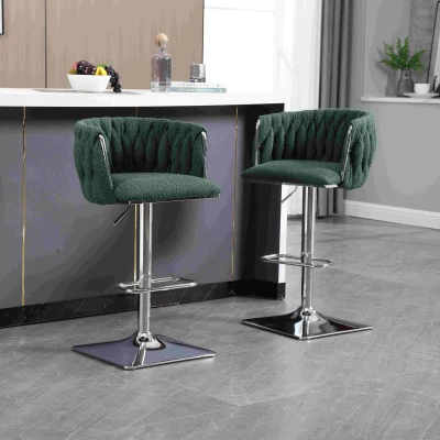 Set of 2 Kitchen Bar Stools with Woven Backs and Silver Base, Emerald