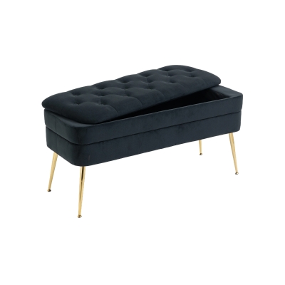 Velvet Upholstered Storage Ottoman Bench with Metal Legs, Black