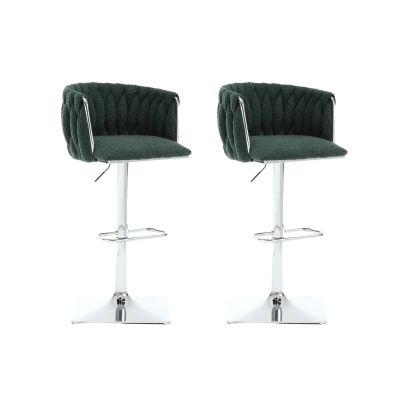 Set of 2 Kitchen Bar Stools with Woven Backs and Silver Base, Emerald