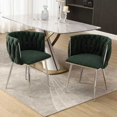 Set of 2 Modern Dining Chairs with Silver Legs, Emerald