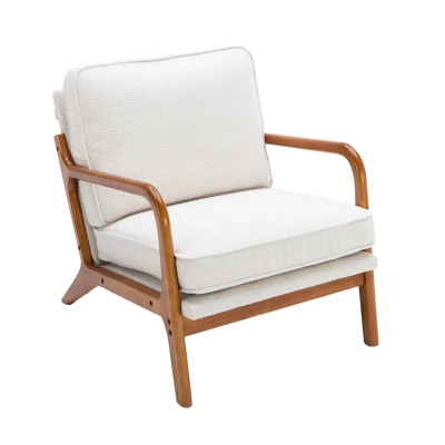 Mid-Century Modern Accent Chair with Solid Wood Frame and Soft Cushion, Beige