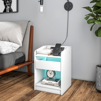 HOMCOM Mesa de Cabeceira com Luzes LED Gaveta Prateleira Estação de Carregamento Entrada USB e Controlo Remoto 40x40x58 cm Branco