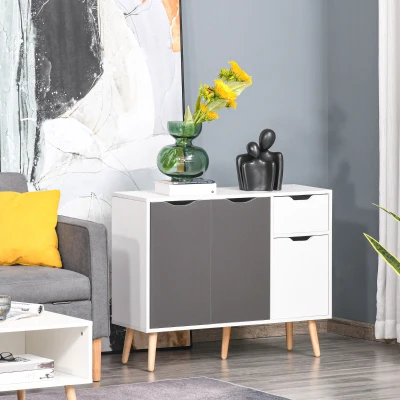 HOMCOM Aparador Móvel Auxiliar de Armazenamento com 2 Armários de Porta Gaveta Pés de Madeira 90x30x72 cm Cinza e Branco