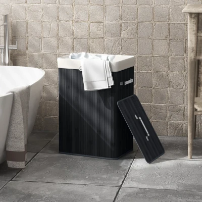 HOMCOM Cesto de Roupa de Bambu Dobrável Cesto para Roupa Suja com Tampa e Bolsa Amovível 40x30x60 cm Preto