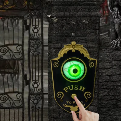 HOMCOM Dekoracja Halloween, Dzwonek z Okropnym Okiem, Czujnik Dźwięku & Dotyku, Ruchomy, Zielone Światło