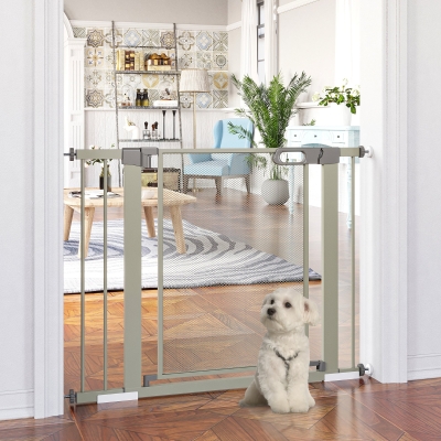 PawHut Barreira de Segurança para Cães Extensível 75-103 cm com 2 Extensões Duplo Bloqueio Fechamento Automático Cinza