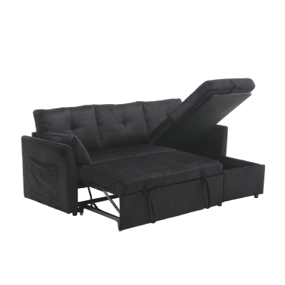 L-förmiges Samt-Sofa, ausziehbares und umwandelbares Schlafsofa mit Stauraumsitzen, Schwarz