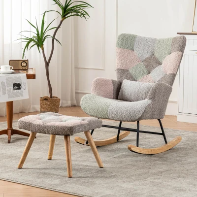 Rocking Garden Chair Set with Footstool and Pillow, Blue+Grey