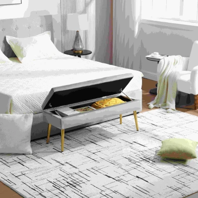Banquette coffre minimaliste moderne avec pieds en métal doré, Gris
