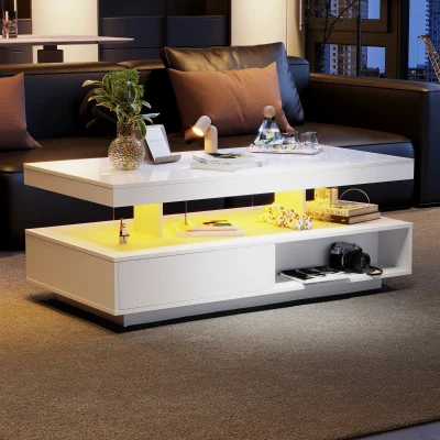 LED Coffee Table with 2 Drawer Storage, White