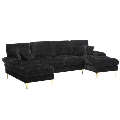 Grand canapé d'angle en forme de U en tissu chenille moderne et confortable, Noir