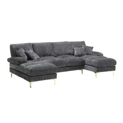 Grand canapé sectionnel en forme de U en chenille moderne avec doubles sièges inclinables pour salon, Gris