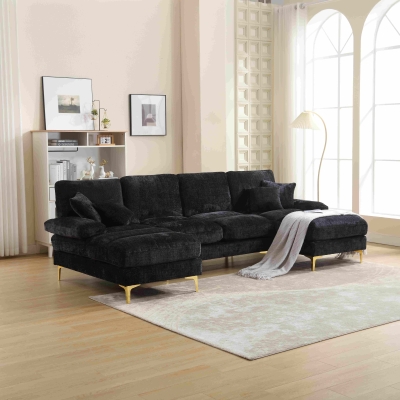 Grand canapé d'angle en forme de U en tissu chenille moderne et confortable, Noir