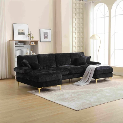 Grand canapé d'angle en forme de U en tissu chenille moderne et confortable, Noir