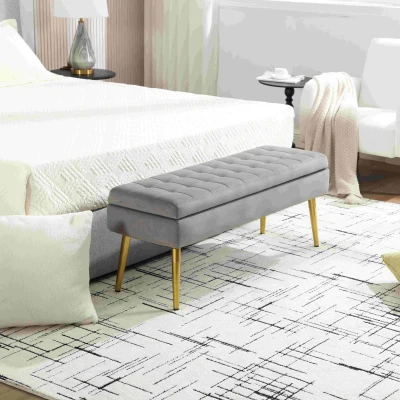 Banc coffre minimaliste moderne avec pieds en métal doré, Gris foncé