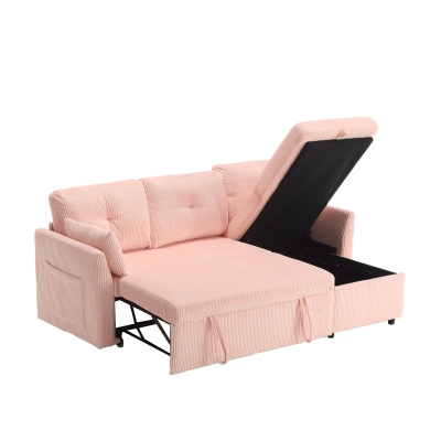 L-förmiges Samt-Sofa, ausziehbares und umwandelbares Schlafsofa mit Stauraumsitzen, Rosa
