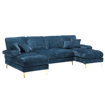 Grand canapé d'angle en forme de U en tissu chenille moderne et confortable, Bleu