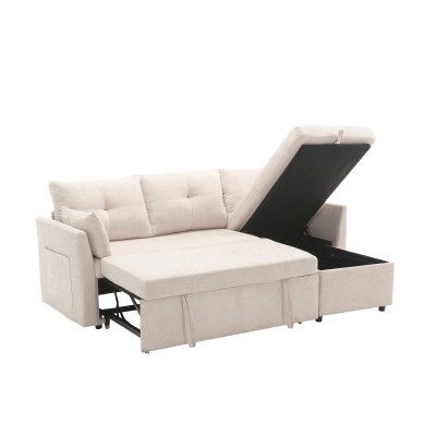 L-förmiges Samt-Sofa, ausziehbares und umwandelbares Schlafsofa mit Stauraumsitzen, Beige