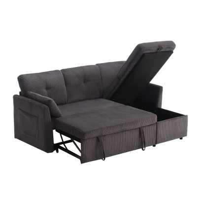 L-förmiges Samt-Sofa, ausziehbares und umwandelbares Schlafsofa mit Stauraumsitzen, Dunkelgrau