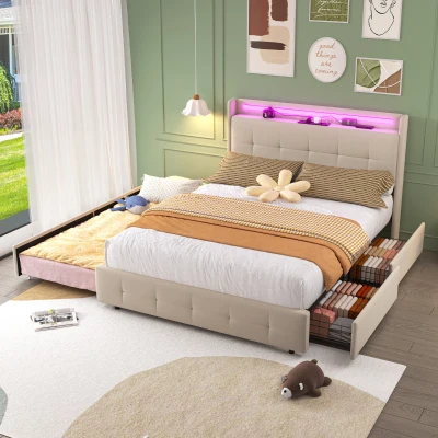 Lit Double En Bois 140x200 Cm Avec 2 Tiroirs, Tête De Lit Avec Lampe De Lecture Et Port USB Ensemble Avec 2 Tables De Nuit 94533141
