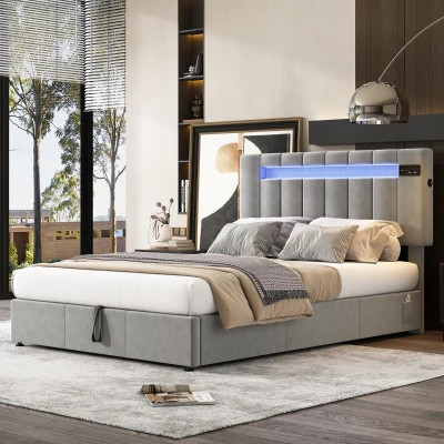 Upholstered Hydraulic Double Sofa Bed with Bluetooth Stereo, Gray