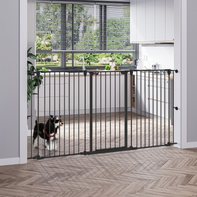 PawHut Barreira para Cães de Aço Barreira de Segurança para Animais de Estimação Dobrável de 3 Painéis Duplo Fechamento 206x90 cm Preto