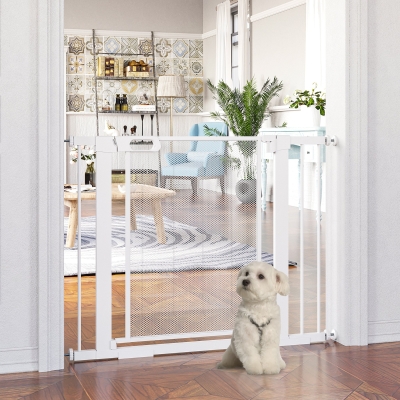 PawHut Barreira de Segurança para Cães Extensível 75-103 cm com 2 Extensões Duplo Bloqueio Fechamento Automático Branco