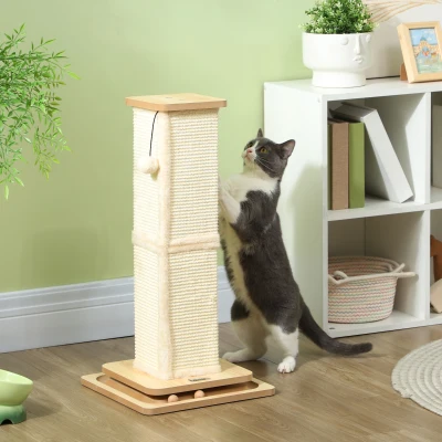 PawHut 3-in-1 Krabpaal met Speelrails, Speelbal, Sisal, tot 5 kg, 34 x 34 x 67 cm, Eiken/Crème
