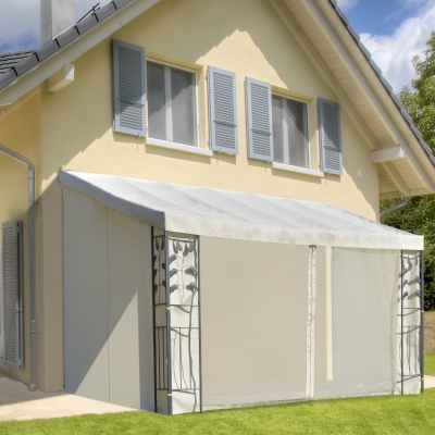 Outsunny Pérgola  4x3m  montado na parede com cortinas laterais Malha com zíper 4 orifícios de drenagem exterior Bege