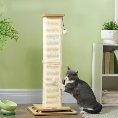 PawHut 3-in-1 Krabpaal met Speelrail, Speelbal, Sisal, tot 10 kg, 39,5 x 39,5 x 87 cm, Eiken/Crème