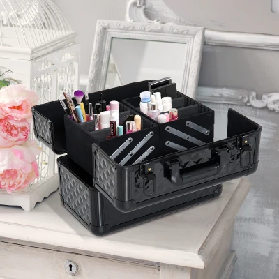 HOMCOM Estojo de Maquilhagem Organizador de Cosméticos Profissional Caixa de Produtos de Beleza Portátil 35,5x20x25,5 cm Preto