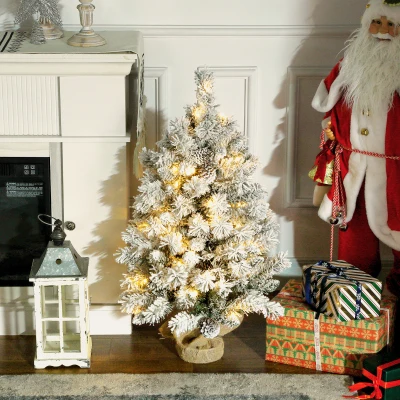 HOMCOM Kerstboom 90 cm, LED-Verlichting, Sneeuwtakken, Dennenappels, Vlamvertragend, Betonnen Voet