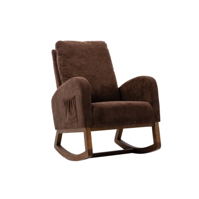 Weicher Schaukelstuhl im Mid-Century Modern-Stil, mit hoher Rückenlehne und Massivholzsockel, Kaffee