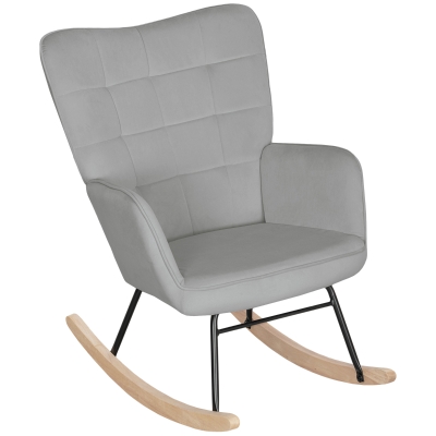 HOMCOM Schommelstoel, Dikke Bekleding, Brede Rugleuning, Beukenhout/Stalen Frame, Tot 120 kg, Lichtgrijs