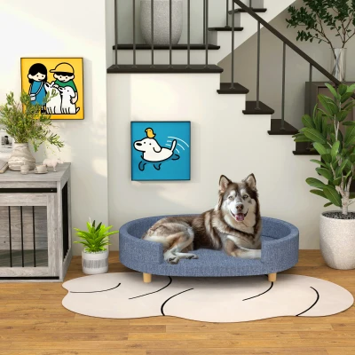 PawHut Sofá para Cães Grandes com Almofada Amovível Capa Lavável e Pés de Madeira Carga 30 kg para Interior 100x70x25 cm Azul