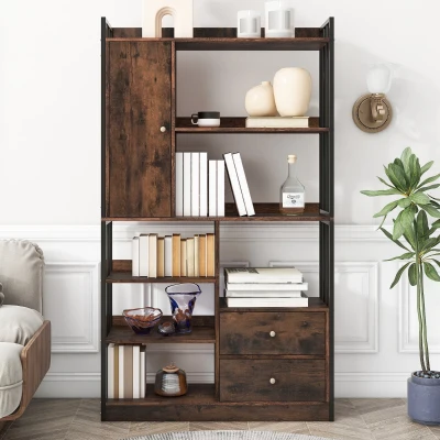 Industrielles Bücherregal mit 6 Regalböden, Türen und Schubladen, Stahlrahmen, 100×30×173,5 cm, Schwarzbraun