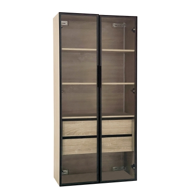 Badezimmerschrank mit LED-Beleuchtung, offenem Regal und Schubladen in Naturfarbe