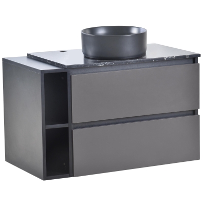Waschbeckenunterschrank, hängend, 80 cm lang, mit Keramik-Waschbecken und Schubladen, modernes Design, MDF, 80×44×60,5 cm, Schwarz+Grau