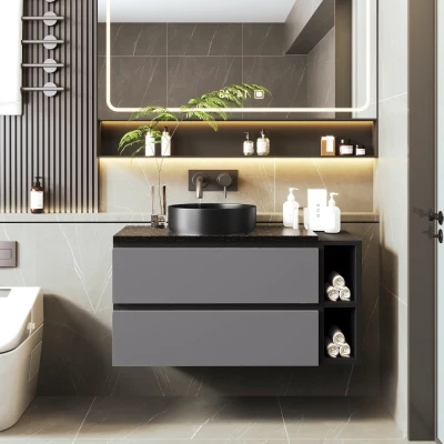 Waschbeckenunterschrank 80cm modern hängend mit Keramikbecken und Schubladen für Badezimmer Schwarz-Grau