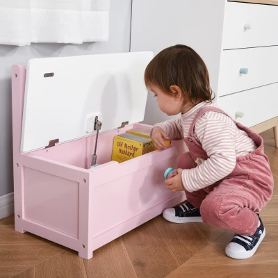 HOMCOM Baú de Brinquedos Banco de Armazenamento Infantil de Madeira de Pinho com Tampa de Amortecimento e Encosto Alto 60x30x50 cm Rosa