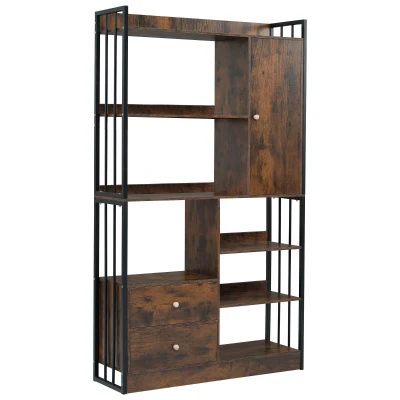 Industrielles Bücherregal mit 6 Regalböden, Türen und Schubladen, Stahlrahmen, 100×30×173,5 cm, Schwarzbraun
