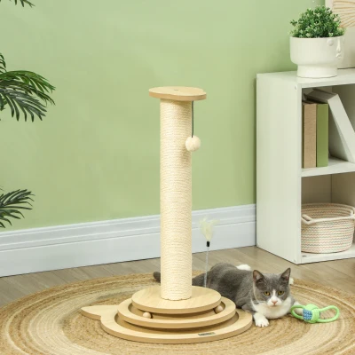 PawHut Kattenkrabpaal, 69 cm, Sisal-Krabpaal, Kogelbaan, Speelbal, Speelveer, 4-in-1-Design, Cremewit