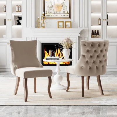 Set di 2 sedie imbottite per sala da Pranzo con Dettagli Bottoni e Rivetti in Metallo, Beige