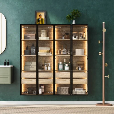 Set di 2 armadietti da bagno con illuminazione LED, Naturale